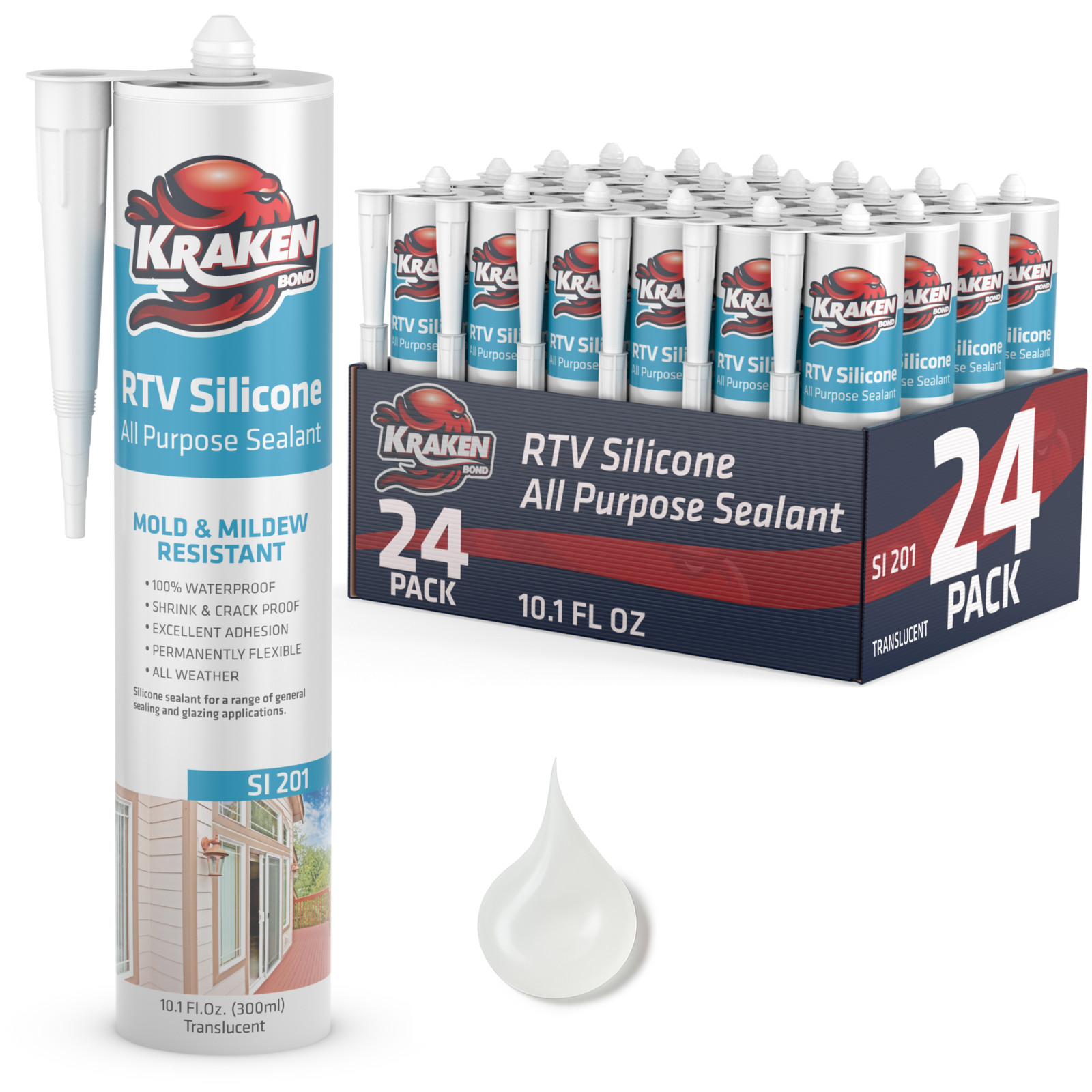 Kraken Waterproof Silicone Sealant Window & Door Caulk Clear 10.1 oz 24 Pack