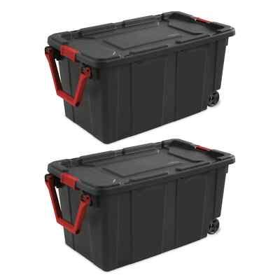 Sterilite 40 Gallon Wheeled Industrial Tote Plastic Black Set of 2 Storage Boxe