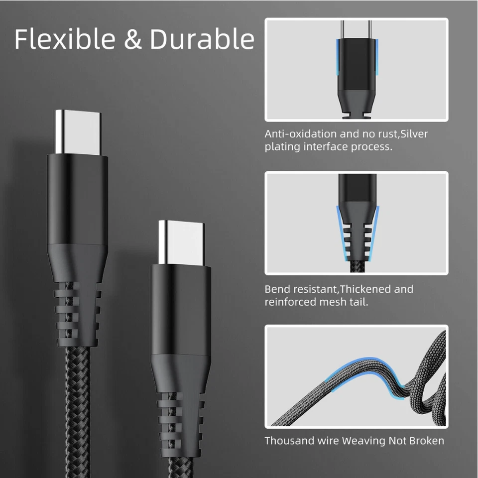 10FT Long USB-C to USB-C Type C Fast Charging Cable PD For Samsung MacBook iPad - Image 4 of 4