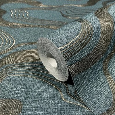 Teal blue bronze metallic wavy lines Faux fabric wave Textured modern Wallpaper