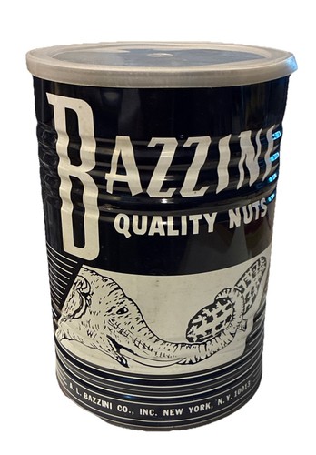 VINTAGE BAZZINI NUTS CAN TIN SIGN ELEPHANT CARNIVAL CIRCUS SIDESHOW NEW YORK