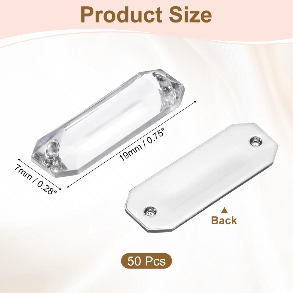 50 piezas cuentas de pedrería de plástico rectangulares para coser con espalda plana de 19x7 mm, blancas Foto 2 de 4