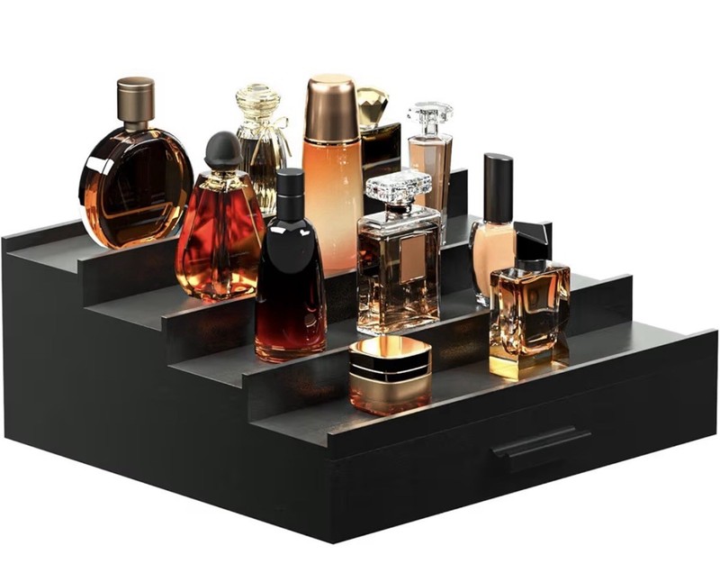 Tiered Black Cosmetic Organizer Tray Display Stand with Drawer