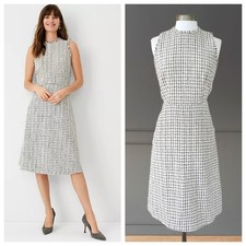 ANN TAYLOR Tweed Sleeveless Fringe A-line Midi Dress Size 4 Petite Black White