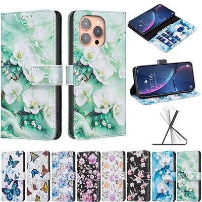 For iPhone 17 16 Pro Max 15 14 13 Floral PU Leather Flip Wallet Case Card Slots