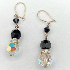 Vintage Gold-Tone Fishhook Dangle Earrings with Black Onyx Beads Faceted Crystal