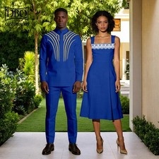African Couple Clothes Custom Made Men's Jacket Pants Set Women Mid Length Dress