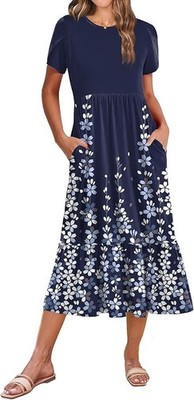 Zeagoo Women's Summer Midi A Line Dress Flowy Tiered Navy Size Med Mothers  Day | eBay