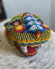 MEXICAN HUICHOL HAND BEADED PANTHER MASK BY SILVERIO LOPEZ GUILLERMO- SIGNED