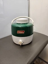 Vintage COLEMAN Water Jug Cooler Drink Dispenser Green/White 1 Gal Camping - GC