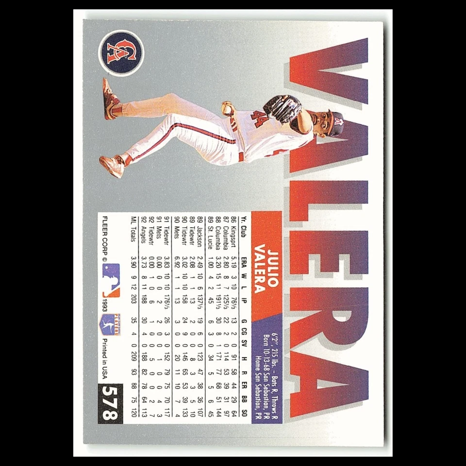 Julio Valera #578 1993 Fleer California Angels Baseball Card MLB NM - Image 2 of 3