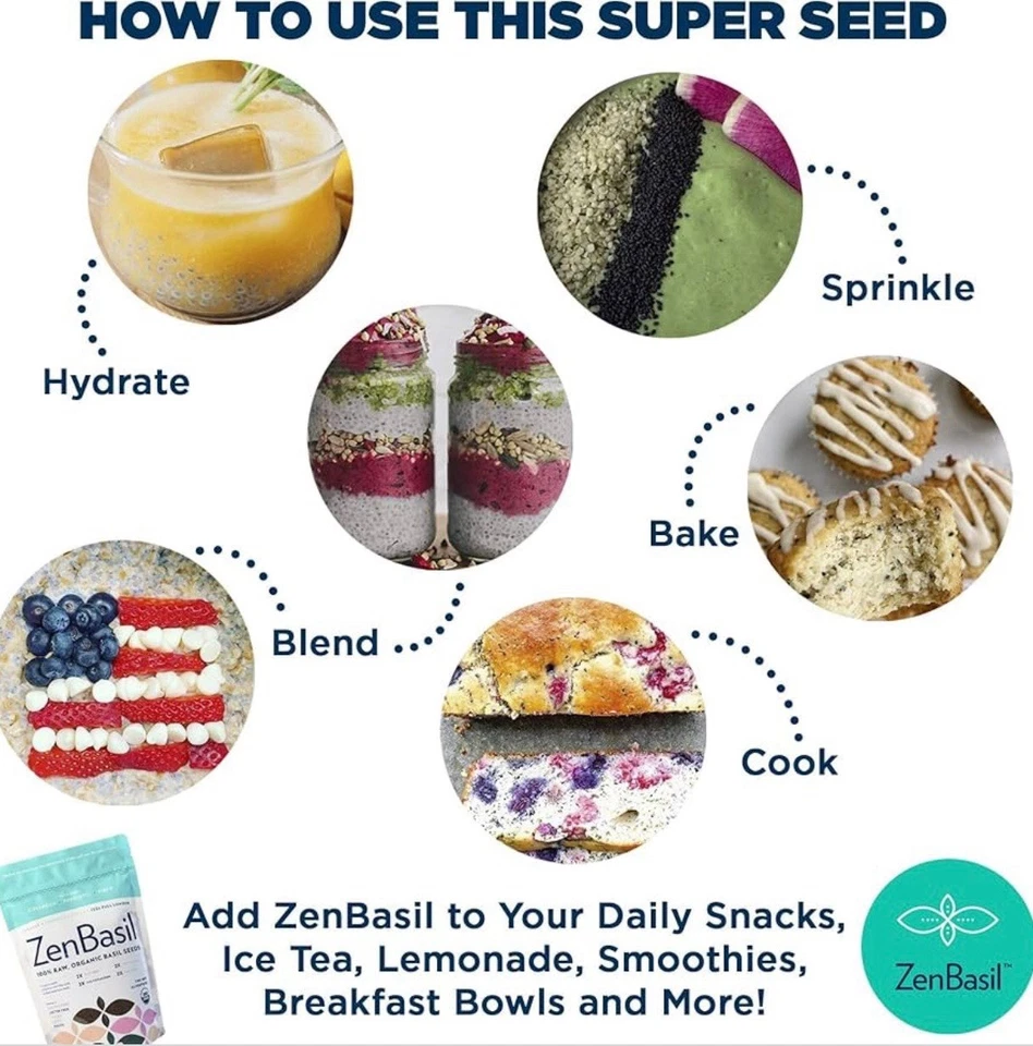 Semillas de albahaca Zen | Semillas de albahaca comestibles USDA orgánicas, kosher15gfiberper/serv | 14 oz Foto 2 de 2