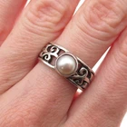 925 Sterling Silver Vintage Real Pearl Floral Oxidized Band Ring Size 7