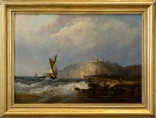 Circle of James Webb, Antique Marine Oil Painting | Sailing by a Coastal Castle