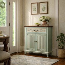 Sage Green Fluted 2-Door Accent Cabinet with Drawer Dark Brown Wood Top