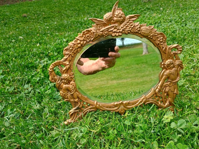 Antique Cast Iron Cherub, Angel Mirror Victorian Art Nouveau Table Top Easel