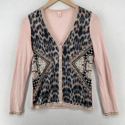 BASLER Sweater Womens 10 Cardigan Animal Print Geometric Button Front Pink Brown