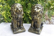 Aged Brass Effect Pair of Cast Stone Sitting Lions Garden Ornaments Statues