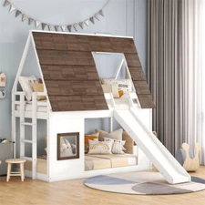 Twin Size House Bunk Bed Modern Loft Bed with Roof,Slide,Ladder for Kids Teens