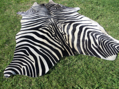 LARGE !! ZEBRA print printed Cowhide Rug natural Cow Hide Skin beige white Z