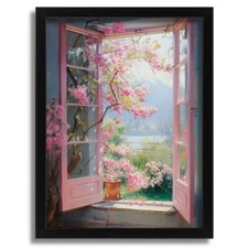 Serene Blossom Window View Art Print Tranquil Home Decor Open Window Pink Print