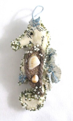 Unique Koppe & Co Handmade / Painted Cloth Shell & Bead Seahorse Shaped Ornament