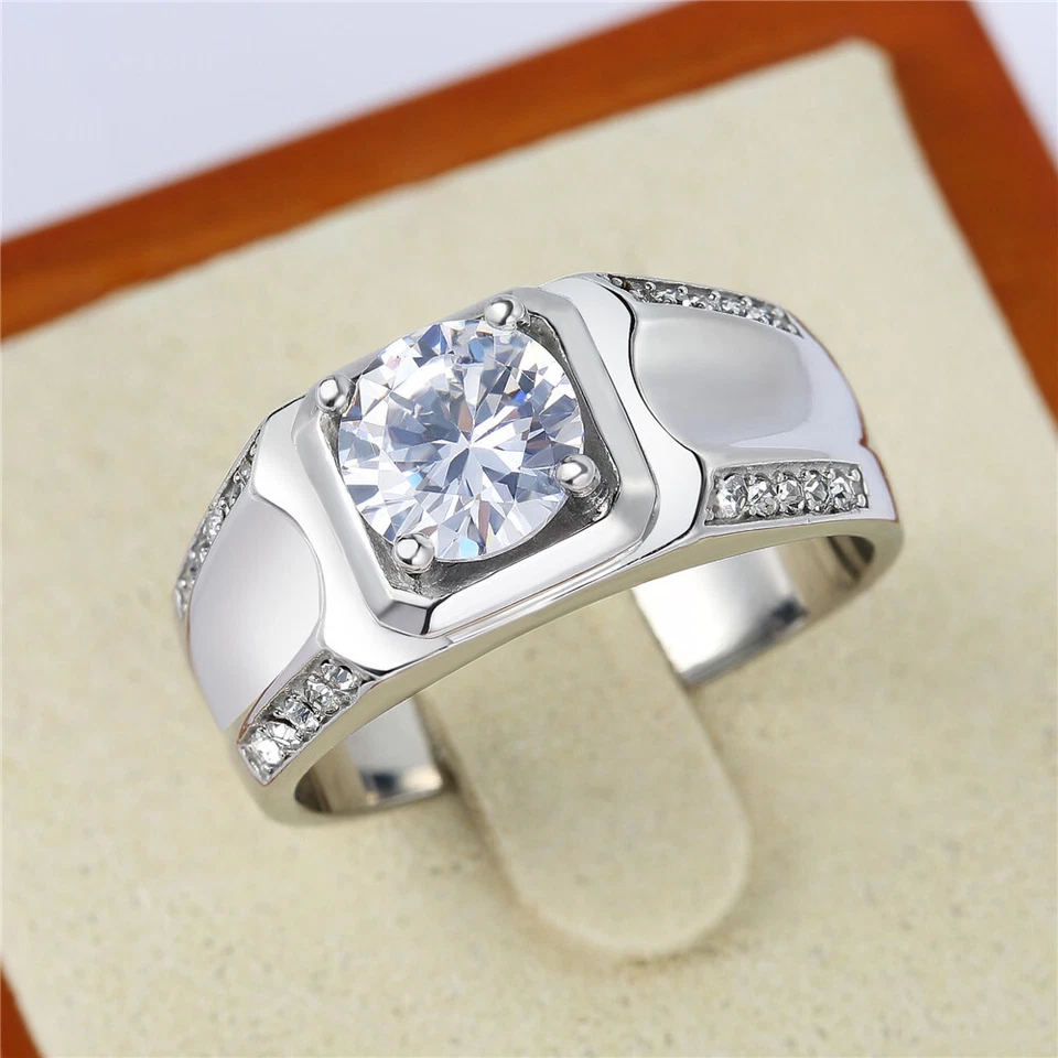 Women Men Wedding Engagement Rings Stainless Steel Cubic Zirconia Solitaire Gift - Image 2 of 4