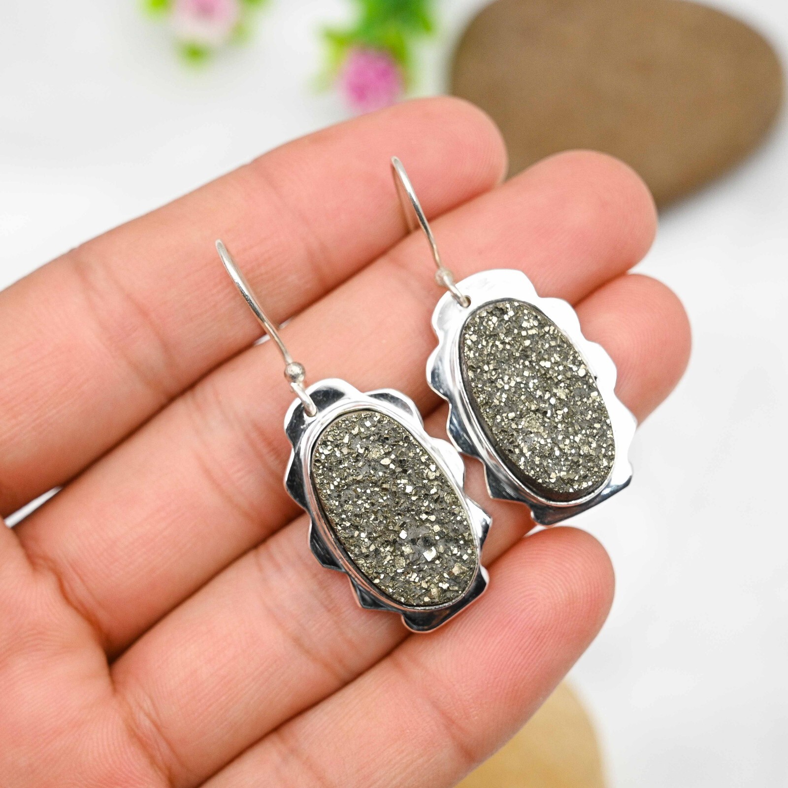 Natural Pyrite Druzy Gemstone Earrings 925 Sterling Silver Handmade Jewelry Gift
