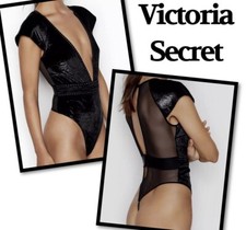 Victoria Secret Black Plunging Velvety Thong Bodysuit. Sheer Open Back NWOT S