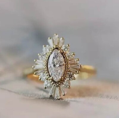 2Ct Marquise Cut lab Created Baguette & Round Wedding Unique Halo Wedding Ring