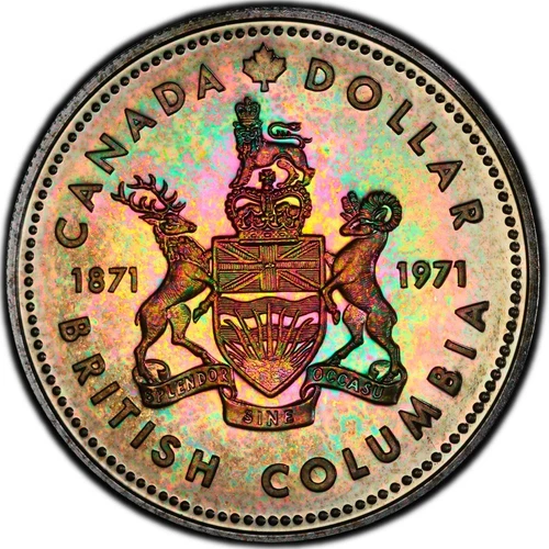 SP67 1971 $1 Canada Silver BC Commem Dollar, PCGS Trueview- Rainbow Toned