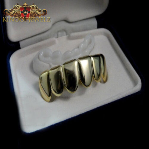 MENS NEW 14k YELLOW GOLD FINISH STERLING SILVER TARNISH FREE PLAIN TOP GRILLZ - Picture 1 of 2