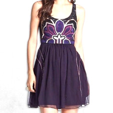 Free People Lotus Pond Dress Fit Flare Embroidered Tulle Chiffon Purple Boho M