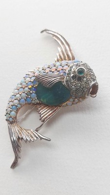 Seltene Vintage CINER 40er Jahre Brosche - Fisch mit Opalen und Jadeglas - signiert