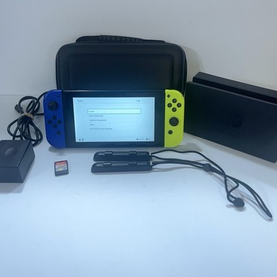Nintendo Switch HAC-001 Blue & Yellow JoyCons Tested & Working Case, Cord, Dock