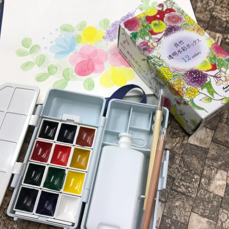 Transparent Watercolor Box Kuretake 12colors Set w/Brush  Pencil  Bottle