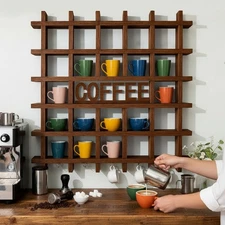 Oversize Coffee Mug Display Rack Wood Mug Display Shelf with Hooks Coffee Sig...