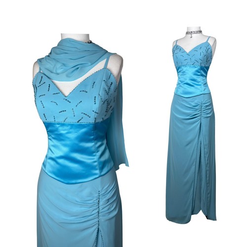 Vintage Y2K Aqua Blue Beaded Corset Prom Dress Set with Shawl