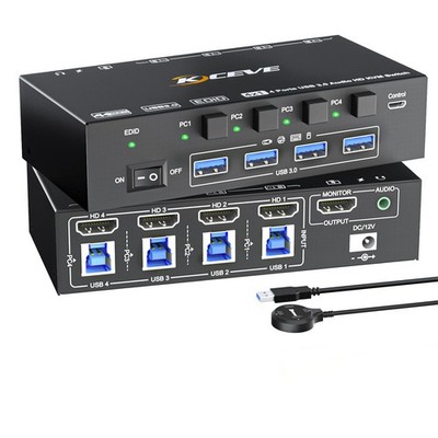 HDMI KVM Switch with Audio, 4 Ports KVM Switcher 8K60Hz, with EDID Emulator f...