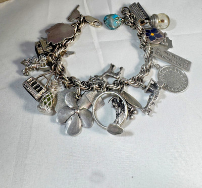 Sterling Silver Bell Trading Vintage link charm bracelet with 25 various charms