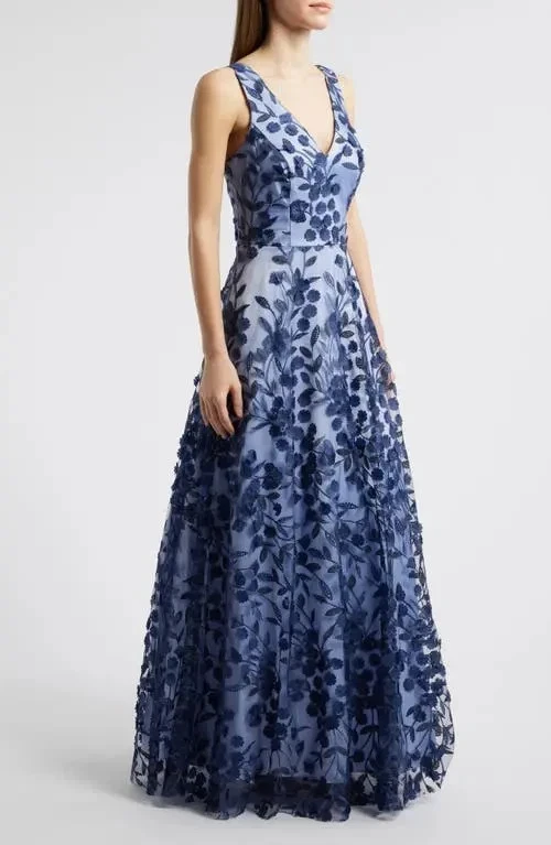 Eliza J  Navy Blue Embroidered Floral Illusion Lace A-Line Gown Size 6 $308 - Image 2 of 3