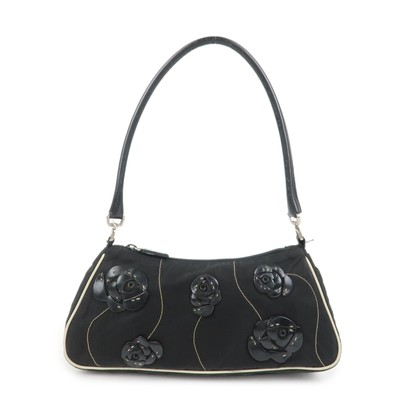 PRADA Nylon Leather Shoulder Bag Hand Bag Flower Motif Black Authentic Used F/S