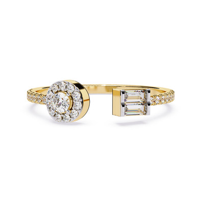 Lab Grown Diamond Open Ring 14K Gold Round Halo Baguette Diamond Ring 0.25 CT