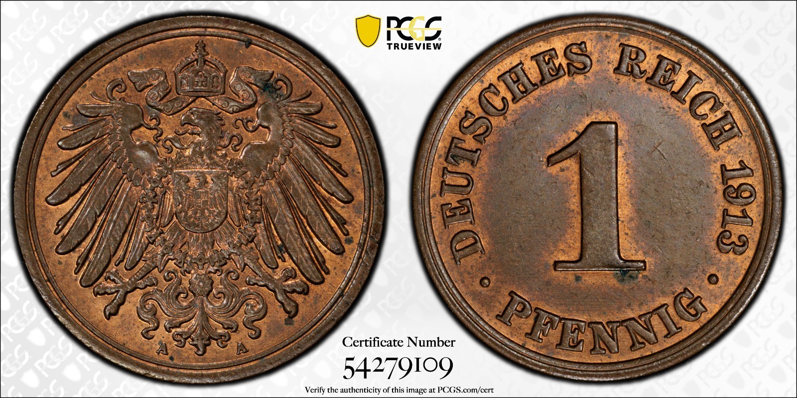 Germany 1913-A 1 Pfennig PCGS MS 64 RB