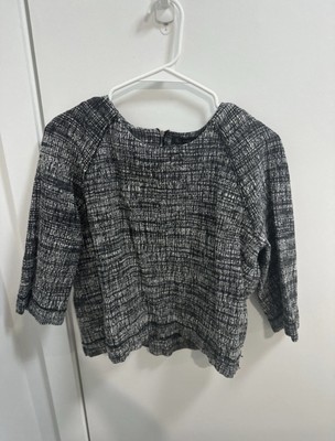 Black White Plaid Tweed Crew Neck Zip Back 3/4 Sleeve Blouse Women