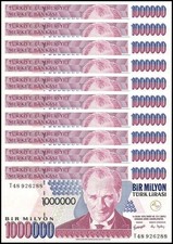 Turkey 1 Million Lira, L.1970 (2002 ND), P-213a.2, UNC X 10 PCS