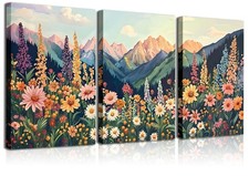 Wildflower Wall Art Set of 3 - Colorful Floral Wall Decor Boho Sunset Landsca...