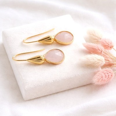 Elegante Rosenquarz Ohrringe Gold Damen Schmuck Minimalistisch Boho Stil Rosa