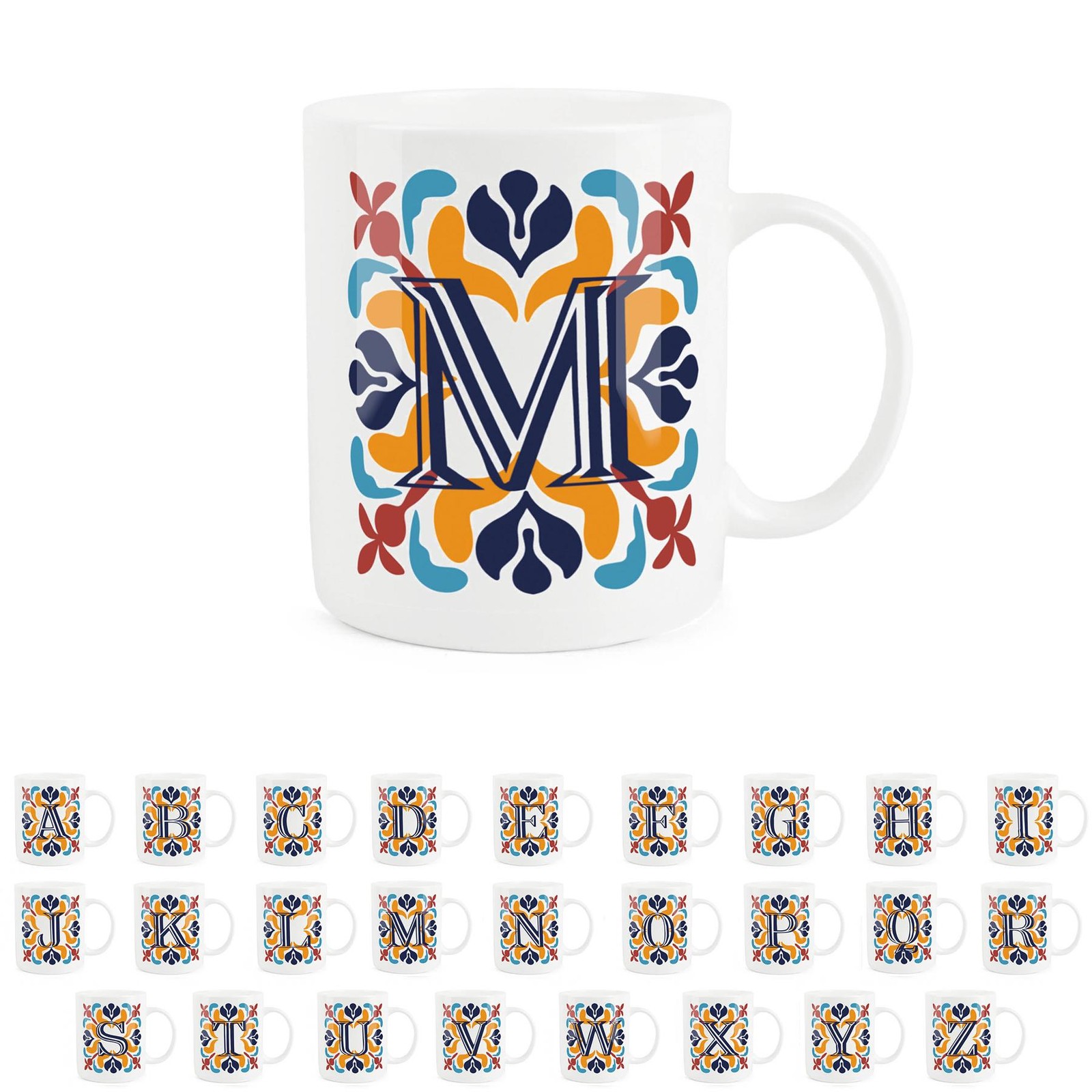 Moroccan Tile Letter M Mug - Red & Navy Bone China Alphabet Gift Mug