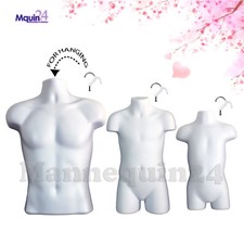 3 pcs Hanging Mannequin Torso Set- White Male Child  Toddler Body Forms 3 Hooks